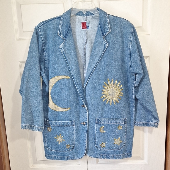 Sunbelt Jackets & Blazers - Vintage Sunbelt Denim Jean Jacket -Painted Gold Celestial Design -L- Blue / Gold